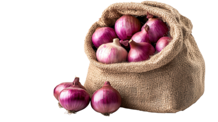 A burlap sack filled with fresh red onions sits on a countertop near a cutting board, ready for meal preparation