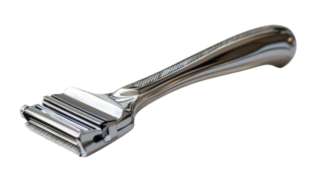 A shiny stainless steel grooming tool designed with fine bristles for effective cleaning and maintenance