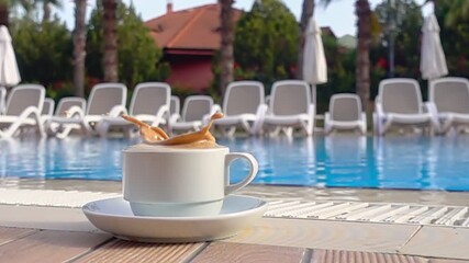Super slow motion footage of sugar cube falling into cup of coffee against pool with sun loungers capturing serene resort moment - Powered by Adobe
