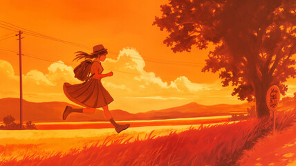 黄昏に照らされた田舎の一本道を歩く少女　学生服が夕日の光を受けて輝く　懐かしさと郷愁を感じさせる穏やかな日没の情景を描いたイラスト
