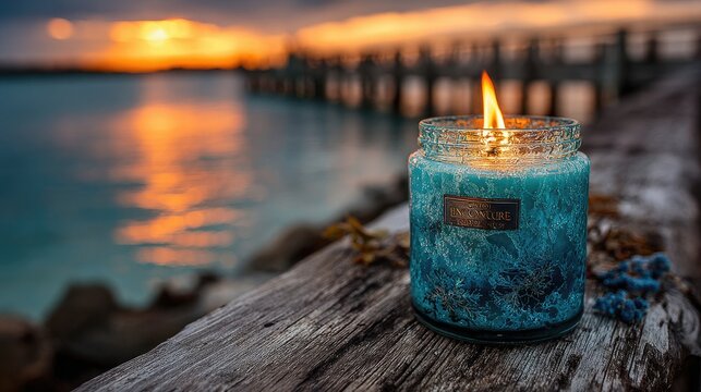 Teal candle on dock at sunset