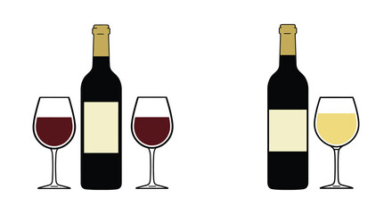 Red and White Wine Bottles and Glasses on a White Background