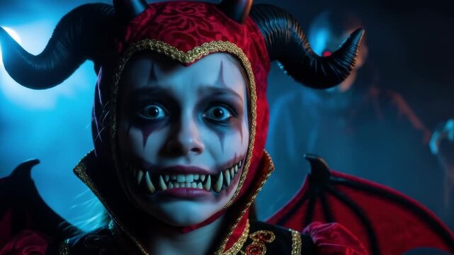 Creepy person in demon jester costume with horns and sharp teeth in dramatic lighting