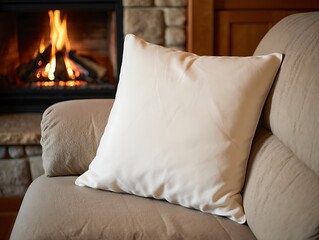 Cozy Cream Pillow on Comfortable Sofa Near Warm Fireplace for Relaxing Evening
