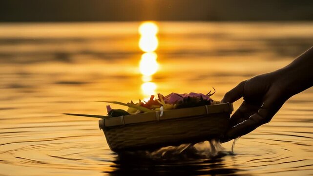 Golden Sunset Chhath Puja Ritual Hand Gently Lowers Floral Offering Basket into Reflective Water Dripping Serenity.