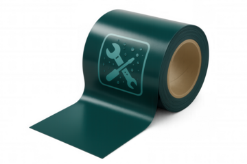 Waterproofing membrane roll partially unrolling, displaying construction tools icon, transparent background emphasizing industrial materials