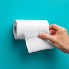 Obraz premium A Hand Holding a Roll of White Toilet Paper Against Blue Background