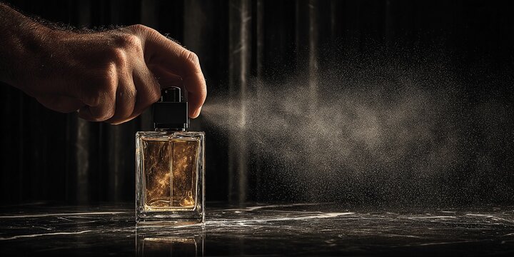 SPRUZZO DI PROFUMO, DETTAGLIO DI MANO CHE SPRUZZA PROFUMO DA FLACONE DI VETRO