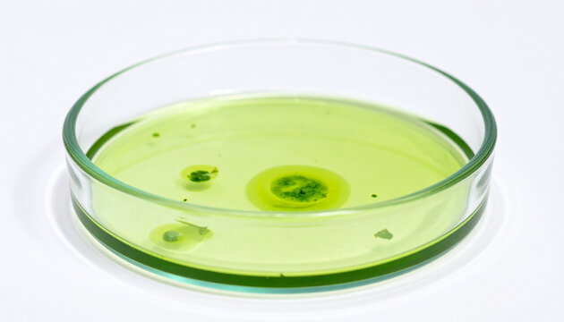 Petri dish with green algae culture on white background. Biological research.