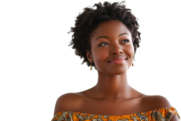 Portrait displays an African American woman with PNG and transparent background, used for product photography and branding.