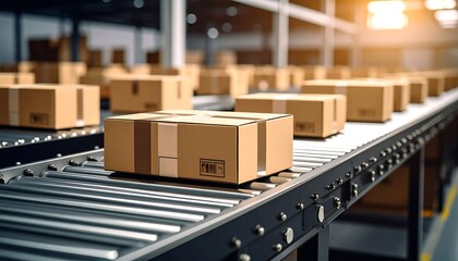 Automated parcel distribution on conveyor belt at modern logistics center