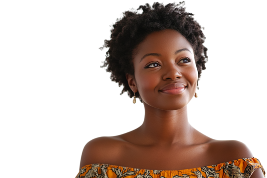 Portrait displays an African American woman with PNG and transparent background, used for product photography and branding.