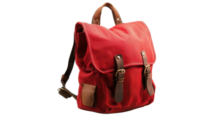 A sturdy red backpack features leather straps, ideal for carrying essentials during hikes or daily commutes