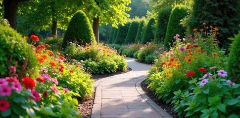 Obraz premium Serpentine pathway meanders through lush, vibrant garden beds bursting with colorful flowers and thriving greenery, creating a tranquil and inviting outdoor space , ecosystem, tranquil, environment