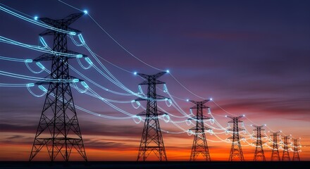 High Voltage Power Lines with Blue Energy Trails Against a Sunset Sky