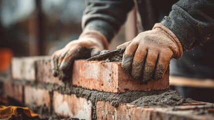 Craftsman skillfully laying bricks with mortar to build a sturdy wall with gloved hands, showcasing construction expertise and precision masonry in a close-up shot