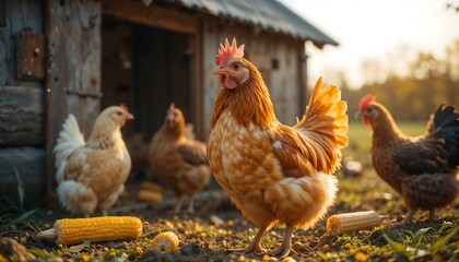 Fototapeta premium Golden Hens & Corn: Rustic Farm Scene - Rustic/Farmhouse aesthetic