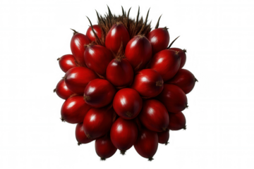 Close-up red palm fruit cluster, ripe small berries clustering densely, transparent background showcasing agricultural produce detail