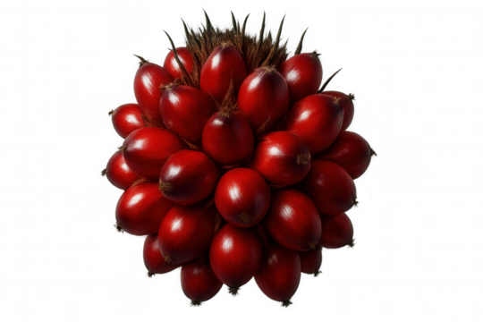 Close-up red palm fruit cluster, ripe small berries clustering densely, transparent background showcasing agricultural produce detail