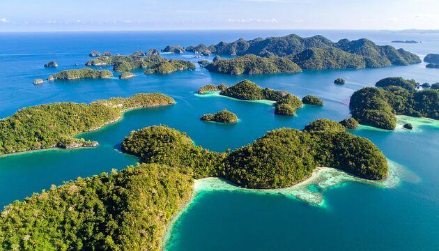 Aerial view showcases a stunning archipelago of lush green islands surrounded by turquoise ocean waters.