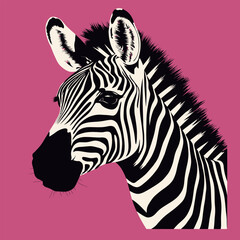 Fototapeta premium A black and white striped zebra stands out against a vibrant pink background. The zebras distinctive pattern contrasts sharply with the bold color behind it.