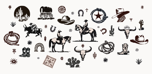Boho Western Cowboy Icons Set – Rodeo Desert Elements (Hats, Boots, Cactus, Longhorn Skulls) Vector