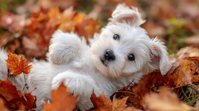 Fluffy white puppy relaxing playfully on vibrant autumn leaves, basking in golden sunlight during crisp seasonal afternoon - Powered by Adobe