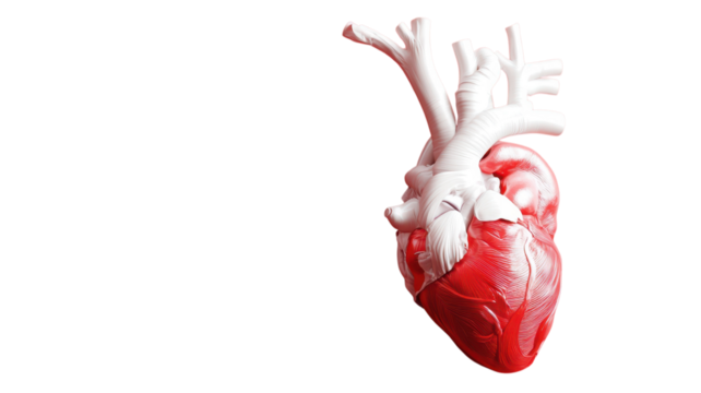 A striking illustration of a human heart showing visible blood vessels and key physiological features