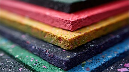 Close up of stacked recycled rubber flooring tiles displaying textured, vibrant colors for resilient, safe surfaces in gyms, playgrounds, fitness areas