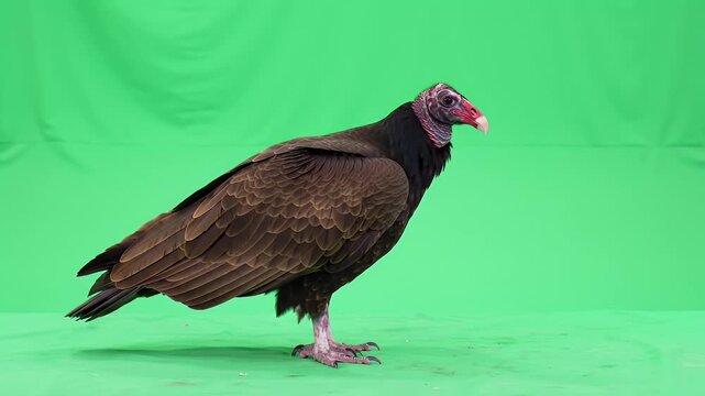 Turkey Vulture on Green Screen, Profile Shot of Scavenger Bird