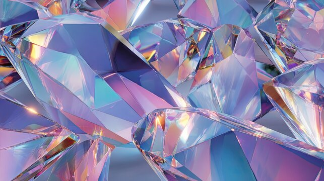 Sparkling abstract crystal formations capture light, reflecting vibrant iridescent hues of purple, blue, and gold in a stunning, dynamic, and luxurious visual.