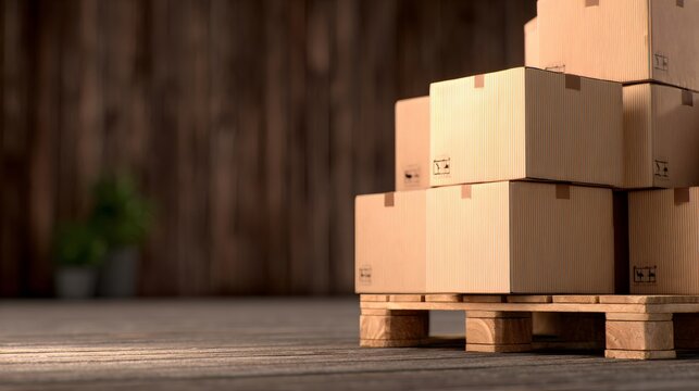 Stack of brown cardboard boxes on a wooden pallet in a warehouse or storage room ready for shipping or delivery.