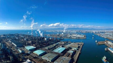 Industrial port cityscape extending across coastal horizon, towering smoking chimneys, active shipping operations, blue sky with wispy cloud formations