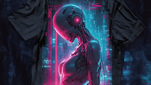Captivating cyberpunk android awakens amidst a dazzling neon-lit futuristic cityscape, embodying advanced technology and digital evolution.
