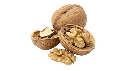 Fresh walnuts in their shells and out on a white background showcasing the natural textures and colors on a transparent background