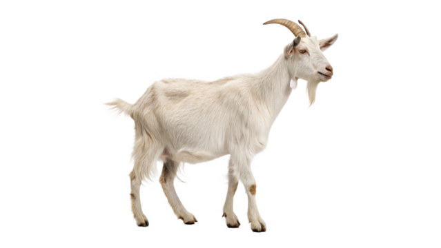 White goat standing on a plain background during daylight with a healthy appearance on a transparent background
