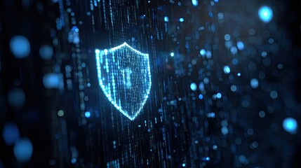 Dynamic digital shield formed from glowing binary code represents cybersecurity and data protection in a futuristic technology landscape, conveying advanced security solutions and digital safety.