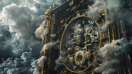 Intricate steampunk clockwork mechanism gears and pipes emerge from dramatic clouds