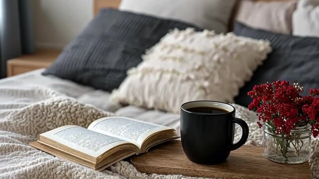 Enjoying a cozy morning with coffee, a good book, and fresh flowers on a bed