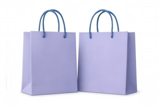 Purple shopping bags with blue rope handles standing upright on transparent surface, prepared for marketing design and branding purposes