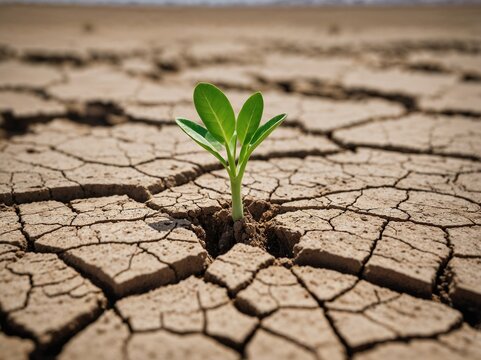 Close-up of Cracked Desert Ground With Single Green Sprout
