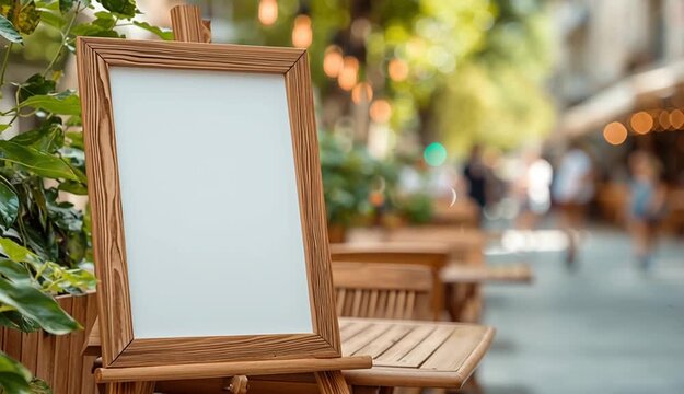 Blank white menu board with wooden frame on sidewalk in front of outdoor cafe restaurant, empty sign mockup, row of wooden tables and chairs on outdoor terrace
