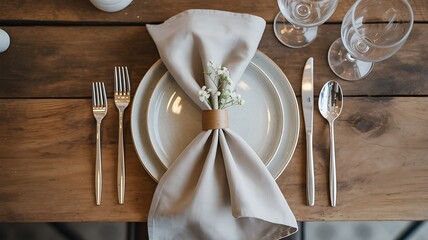 Flat lay of a dining table setting with plates silverware linen napkin and small white flowers on a wooden surface