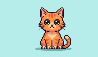 Adorable pixel art cat with big green eyes sitting patiently, perfect for retro gaming or cute designs