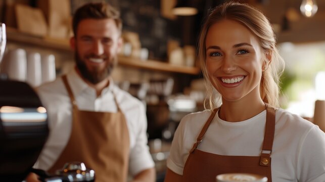 Two baristas engage with customers in a warm coffee shop filled with natural light, creating a friendly atmosphere - Powered by Adobe