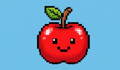 Cute pixel art apple with a happy face against a blue background for retro designs and creative projects