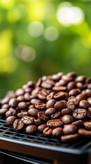 A heap of freshly roasted coffee beans rests on a black mesh tray, illuminated by soft light filtering through greenery. The rich brown color highlights their texture and aroma