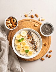 Healthy breakfast bowl with oatmeal, banana slices, nuts, and chia seeds on a round wooden tray