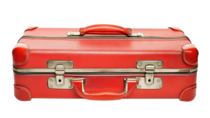 A vintage red suitcase with metallic clasps and a sturdy handle, perfect for stylish travel and adventure