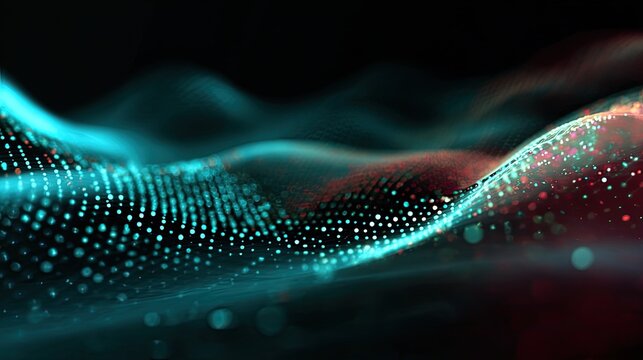 Dynamic digital waves of glowing turquoise and red particles flow across a dark, futuristic abstract background, suggesting data streams and connectivity.